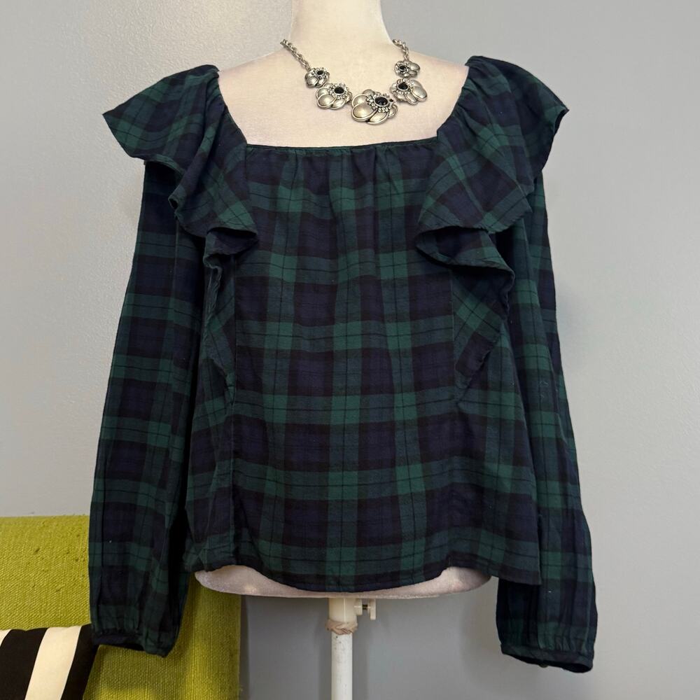 J Crew Green Blue Plaid Cotton Flannel Square Neck Ruffle Top NEW